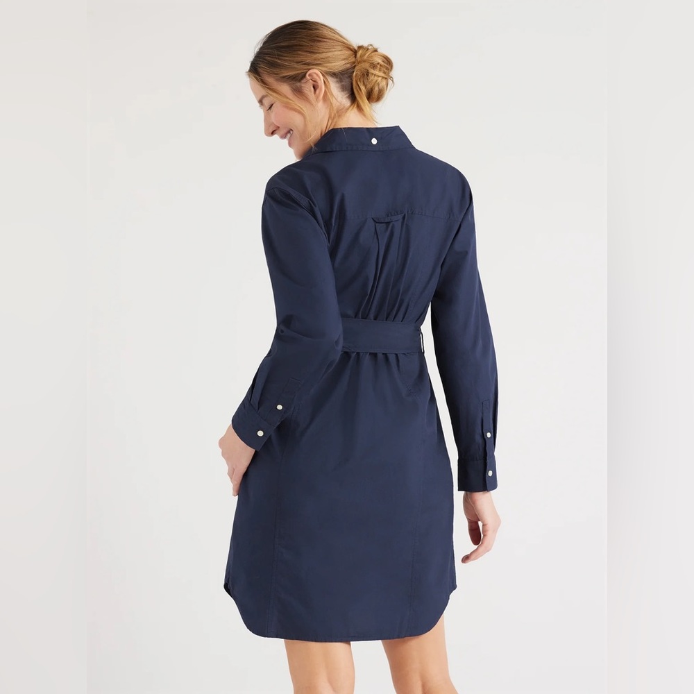 Elegant Navy Shirt Dress with Waist Tie - Picture 2 of 5